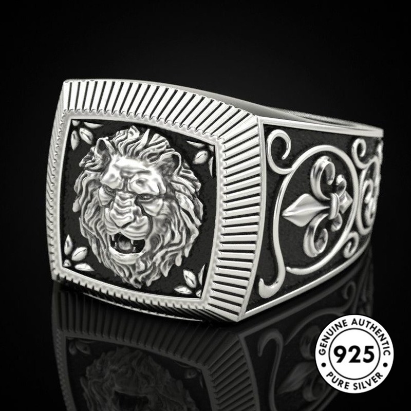 Cincin Desain Singa Bahan S925 Silver Untuk Pria