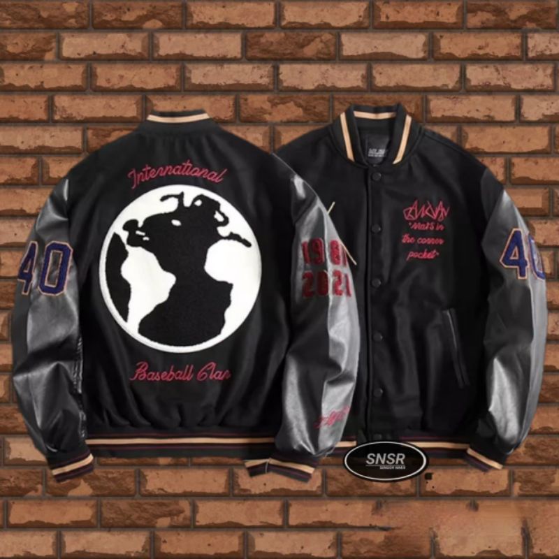 Varsity Jacket SNSR Baseball Clan Unisex - Jaket Varsity Pria Wanita Lengan Kulit