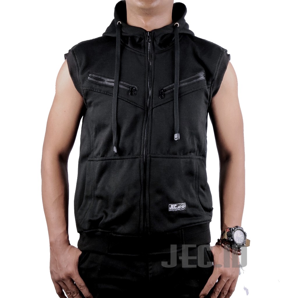 JEC Rompi Hoodie Pocket Zipper Hitam Sporty Full Premium | Tanpa Lengan