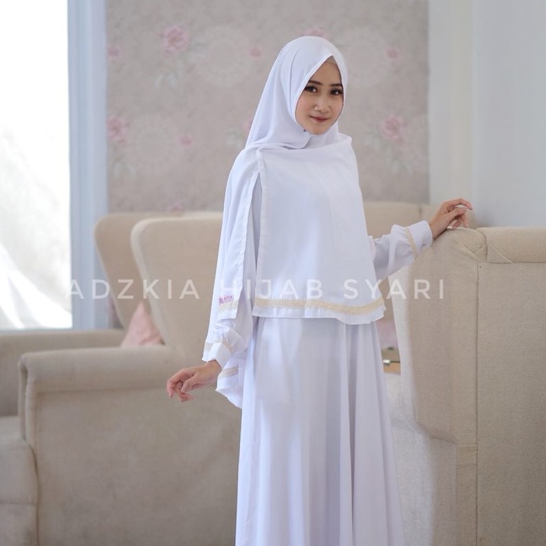 GAMIS SYARI JUSTMINE PUTIH SET by Adzkia Hijab Syari | Baju Gamis Putih Gamis Umroh Manasik Haji