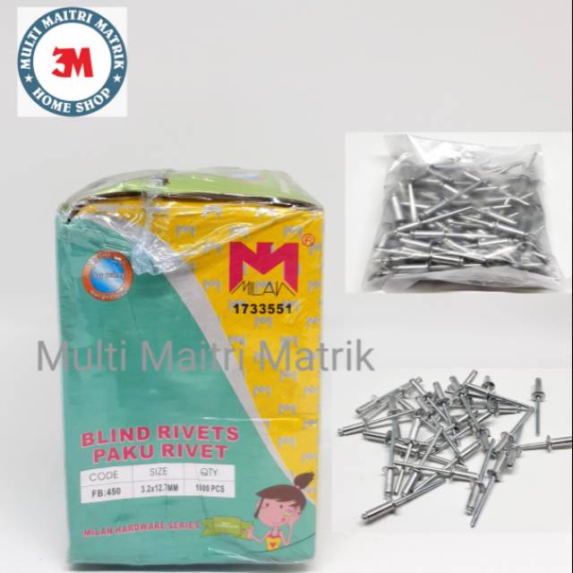 Paku rivet 3,2 x 12,7 mm 450 / blind rivet 3,2 x 12,7mm 450 isi 100pcs