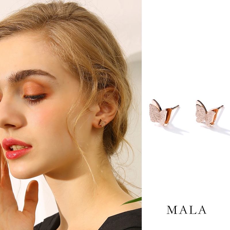 Anting Titanium Anti Karat Tusuk Motif Kupu-kupu Warna Rose Gold Bahan Titanium Steel Gaya Korea Untuk Wanita