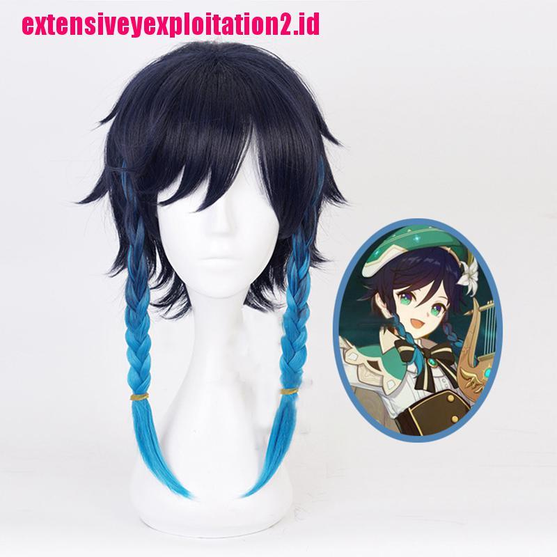 &lt; E2id &amp; &gt; Wig / Rambut Palsu Sintetis Model Kepang Warna Biru Gradasi Untuk Cosplay