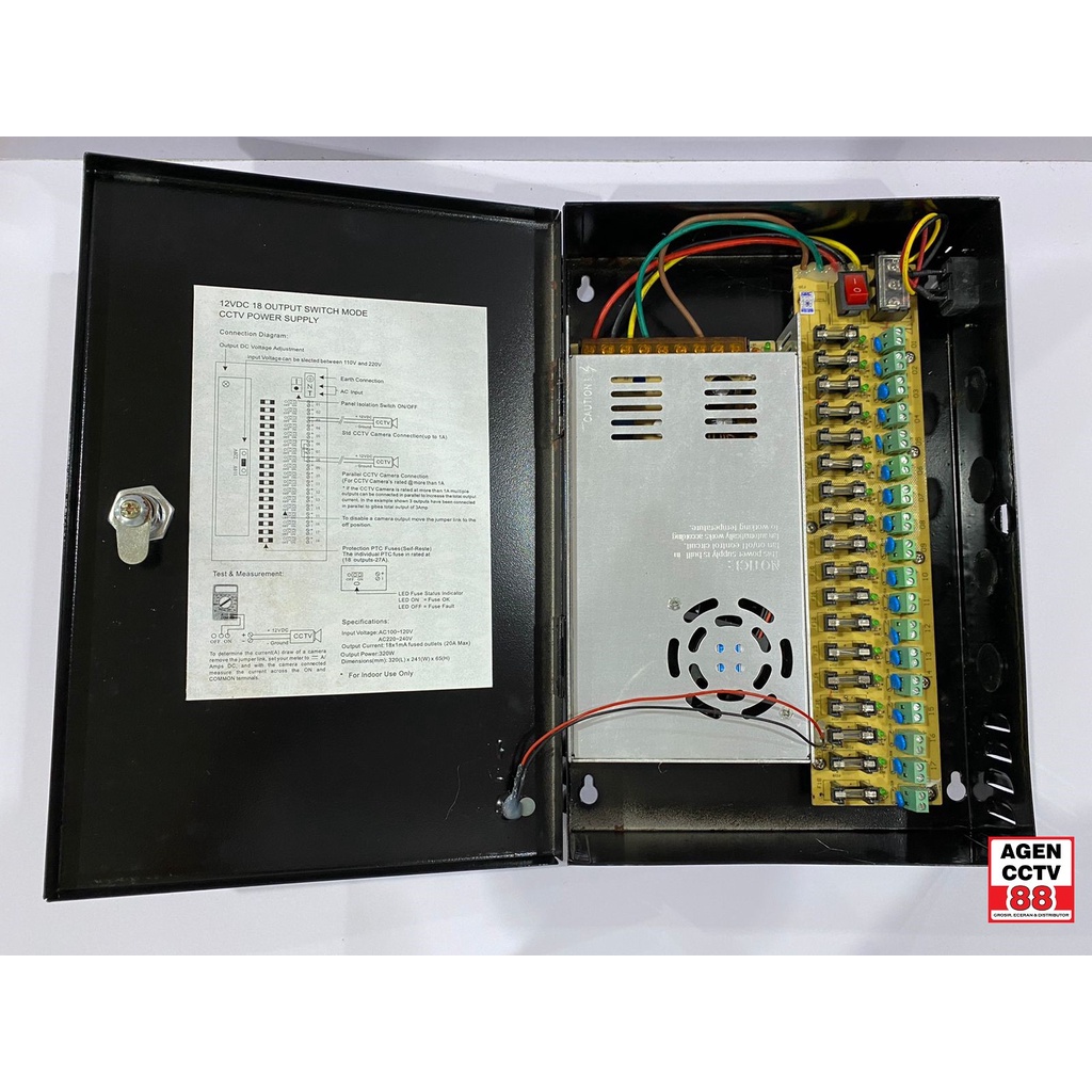 Power Supply PSU Box Panel DC 12V 30A Murni Adaptor CCTV 18CH Black / Hitam