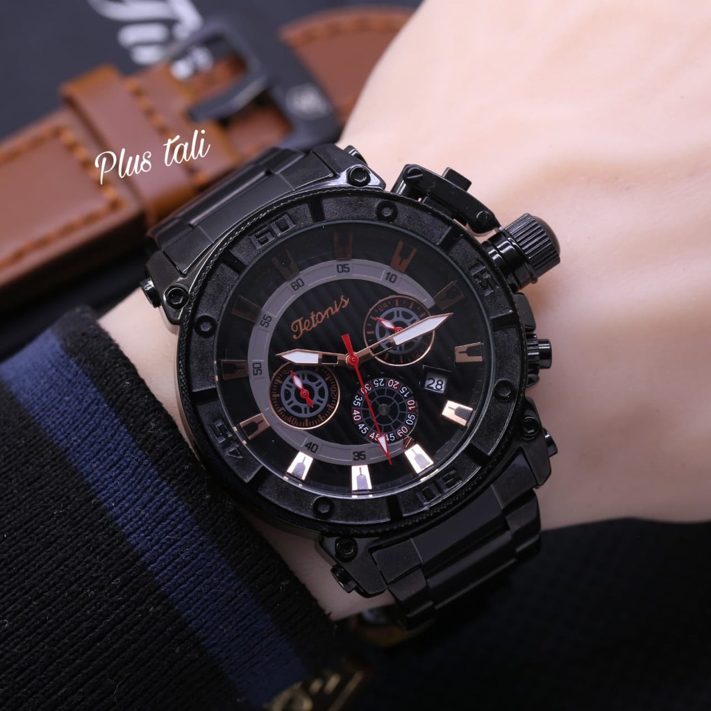 Jam Tangan Pria Tetonis Original 22856LS Tali Rantai Free Kulit Chrono Tanggal Aktif