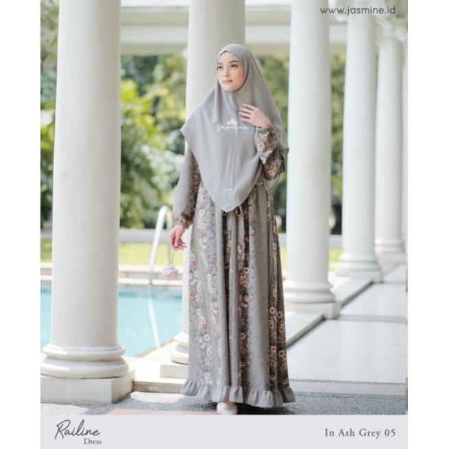TERBARU RAILINE DRESS | BY Jasmine Lidiahadiwinoto ORI | gamis printing syar'i Grey busui friendly