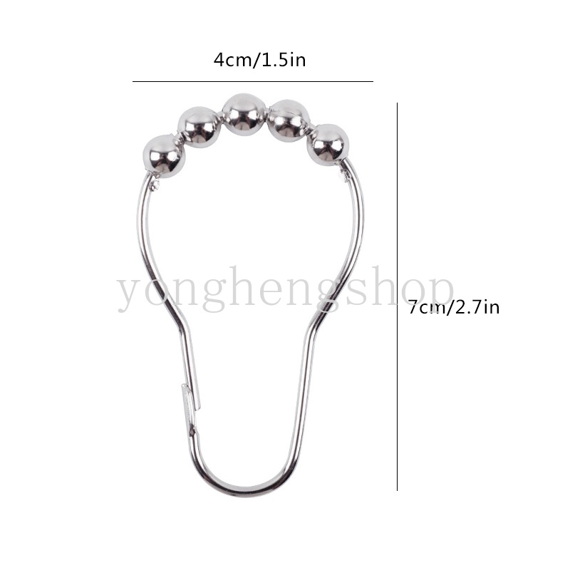 12pcs / set Kait Tirai Kamar Mandi Bahan Stainless Steel Anti Karat Dengan 5 Ring Roller