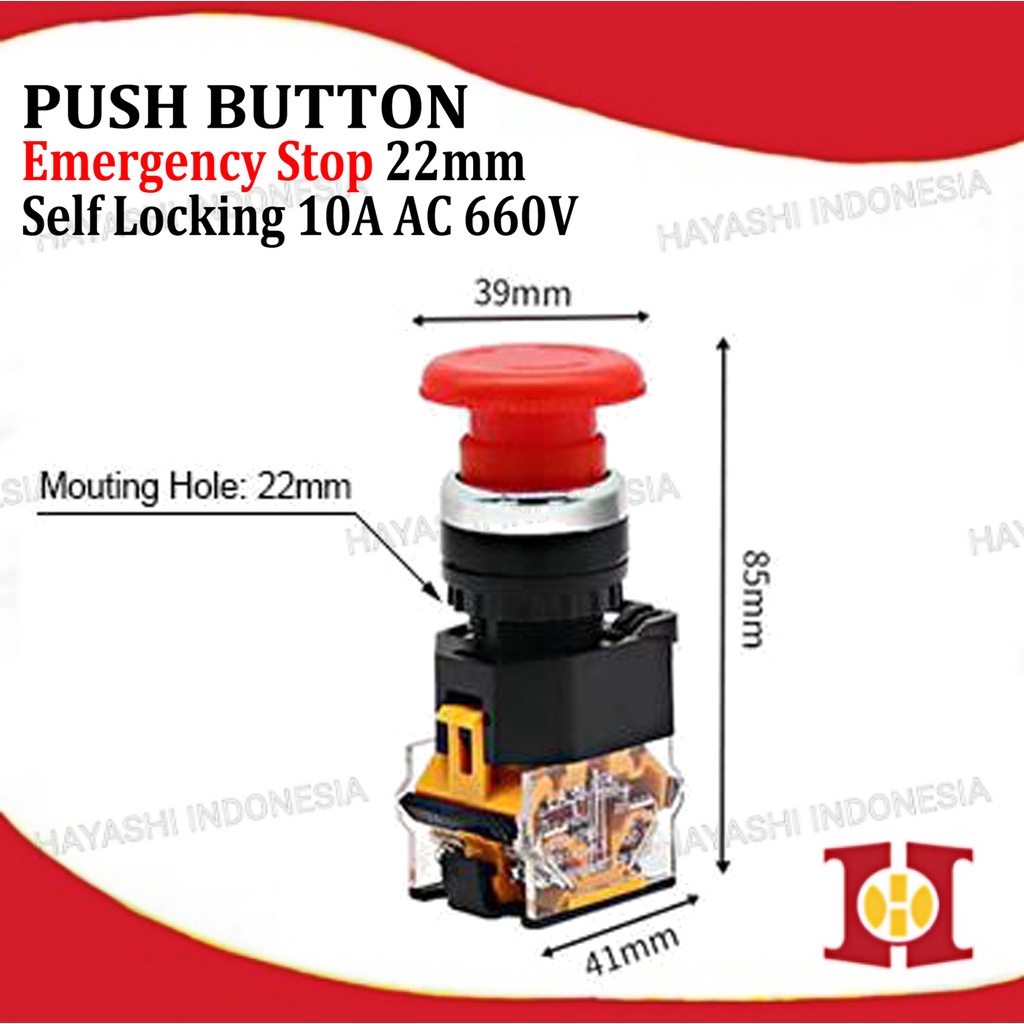 Push Button Emergency Stop Self Locking Switch 22 mm Tombol Darurat