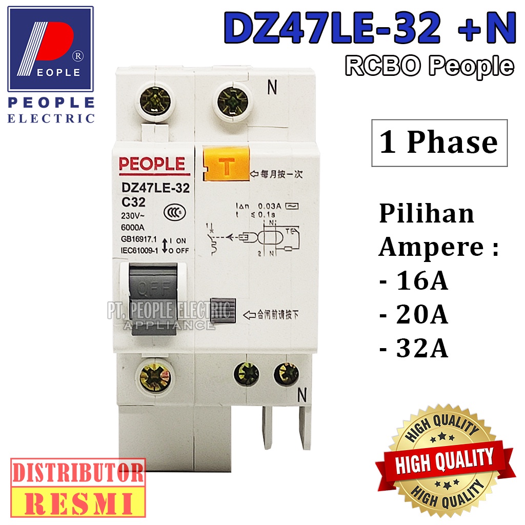 RCBO PEOPLE DZ47LE-32 / RDB5LE-63 1P+N 10A, 16A, 20A,25A,32A