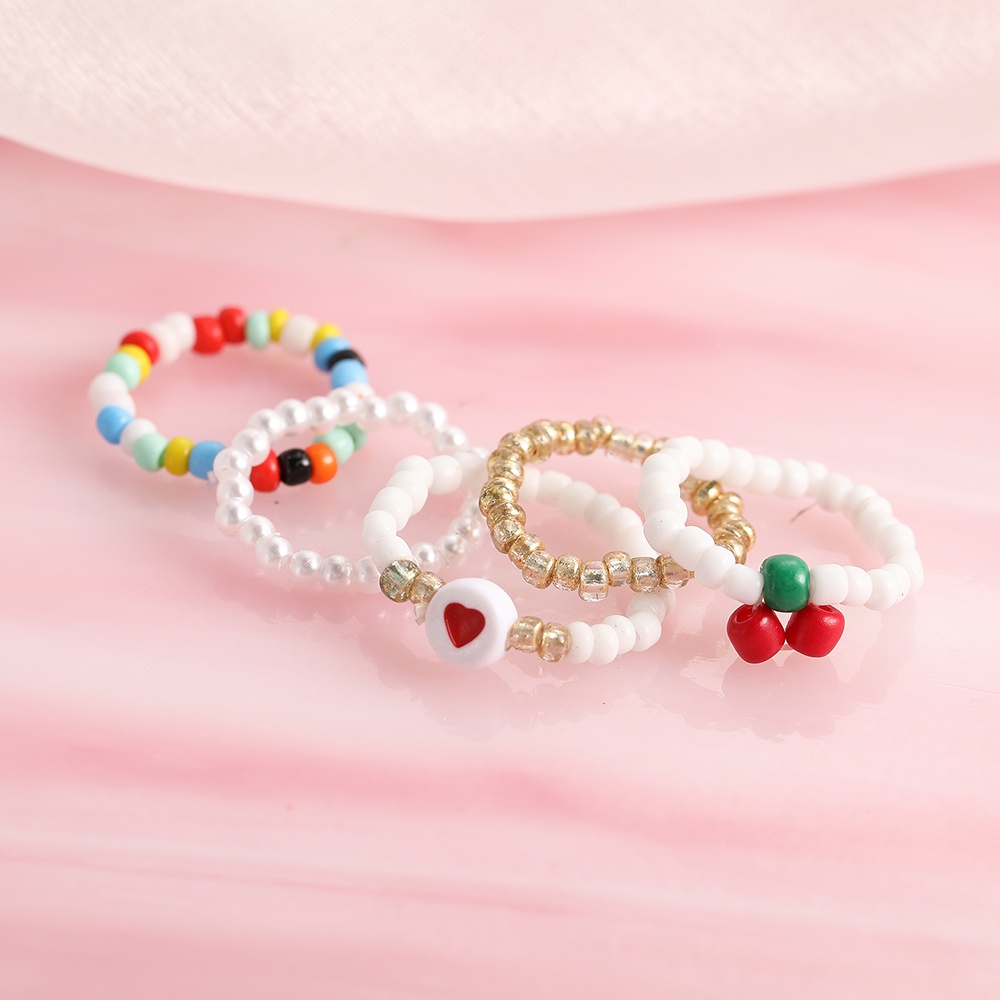 5Pcs/set Korean Fashion Beads Ring Set Ins Colorful Cherry Heart-shaped Rings Women Jewelry Accessories