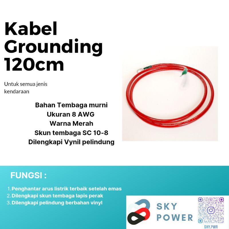Kabel grounding 120cm 8AWG Cocok untuk audio, motor dan mobil