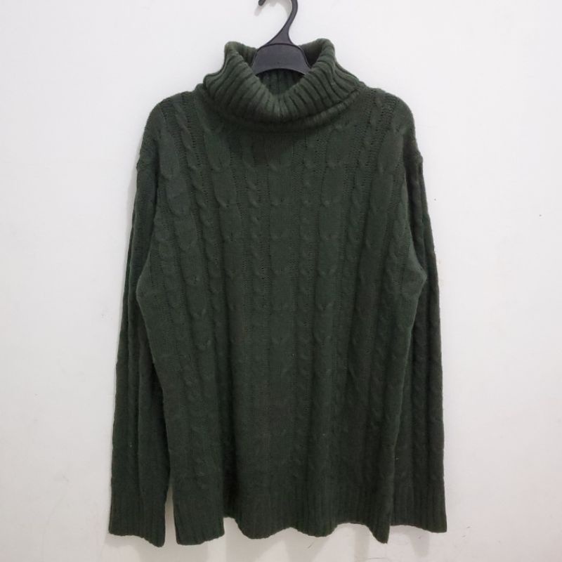Thrift/preloved turtleneck knit rajut full kepang hijau botol