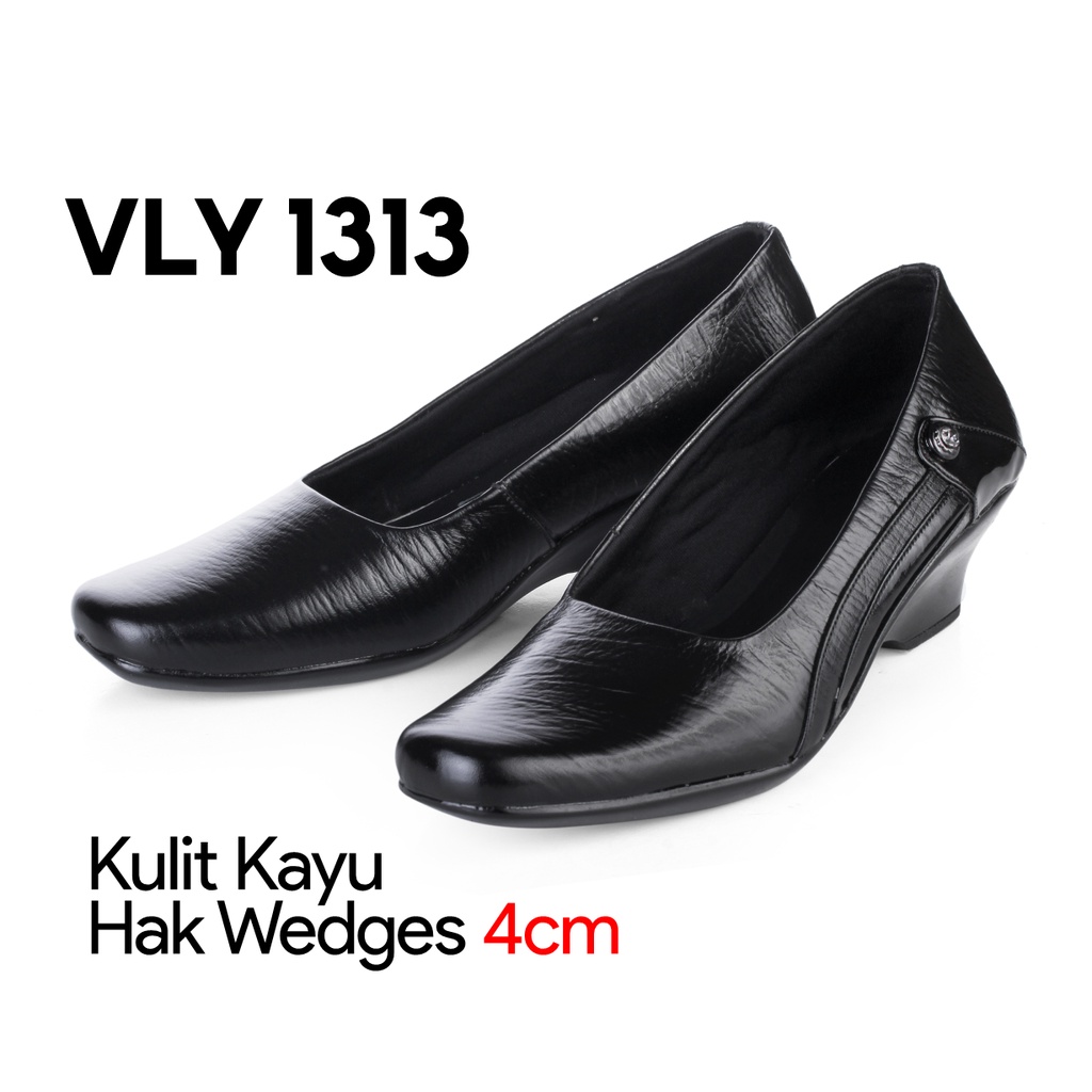 Sepatu Wedges Wanita Kerja Kulit Asli Anti Slip VLY1313 Hitam