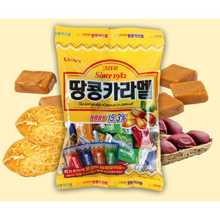 Crown Caramel Peanut Candy 120 g / Permen Kembang Gula Rasa Karamel Kacang / Korea