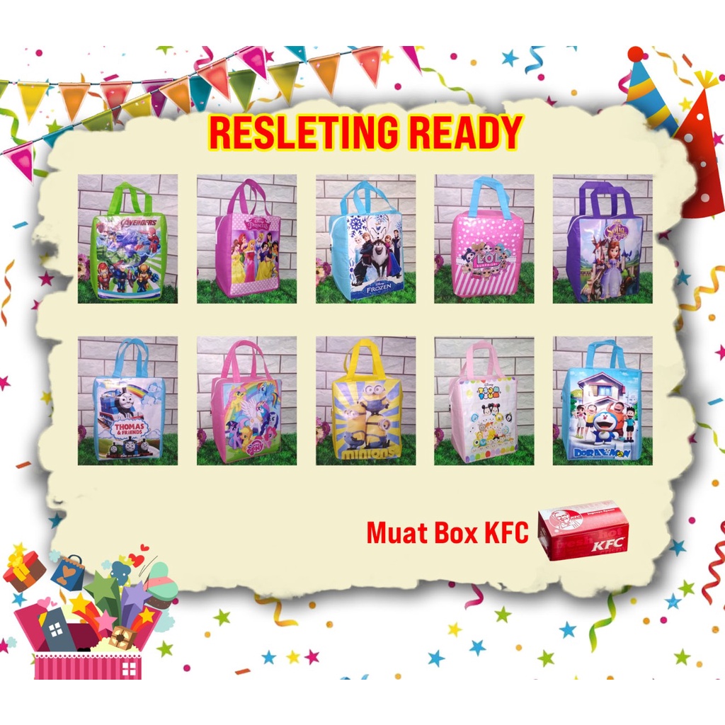 

tas ulang tahun anak / souvenir ultah / goodie bag resleting banner / tas ultah muat box kfc