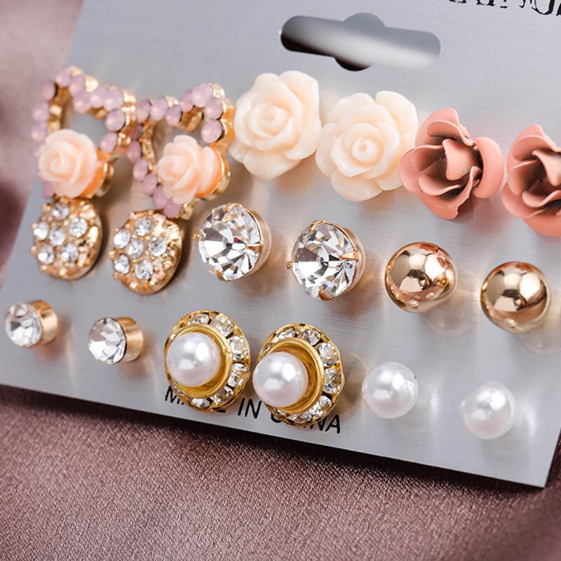 Set anting perempuan 9 pasang bentuk nature flower model korea bagus imut lucu kualitas premium