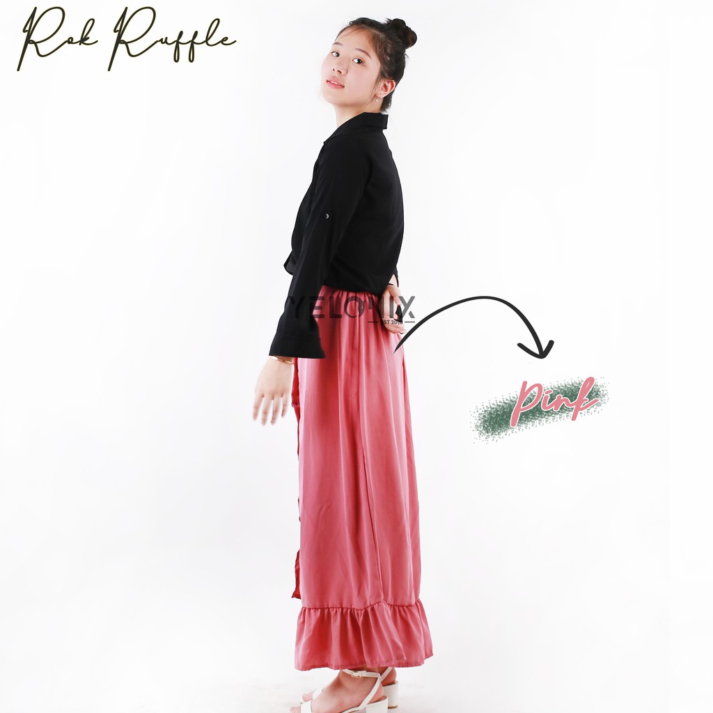 Rok Ruffle PANJANG Rample Korea Rok Kancing Button Skrit Pinggang Karet - YELONIX-PINK