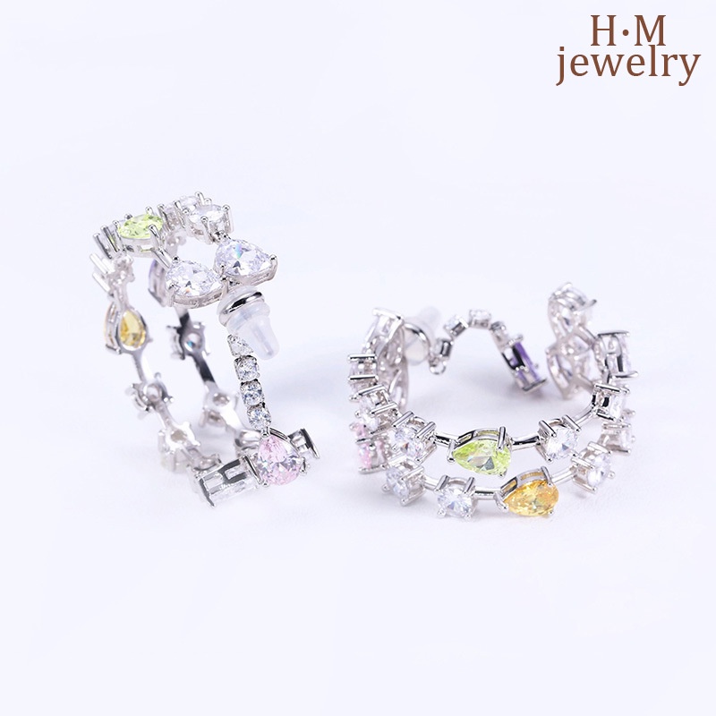 Anting Tusuk Gantung Panjang Asimetris Desain Lingkaran Ganda Hias Zircon AAA Untuk Wanita