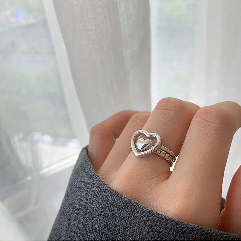 2pcs / Set Cincin Model Terbuka Dapat Disesuaikan Bentuk Hati Warna Silver Untuk Wanita