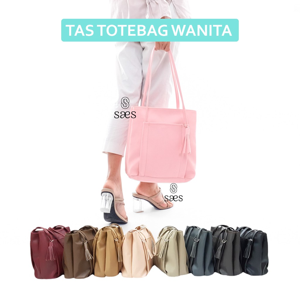 SAES - Lily Tas Totebag Kulit Wanita Simpel Tas Wanita Tas Tote Vintage Retro Hitam