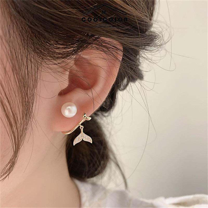 CODPearl Fishtail Back Hanging Earrings Wanita High-end Cahaya Mewah Penuh Berlian Anting Geometris- cl