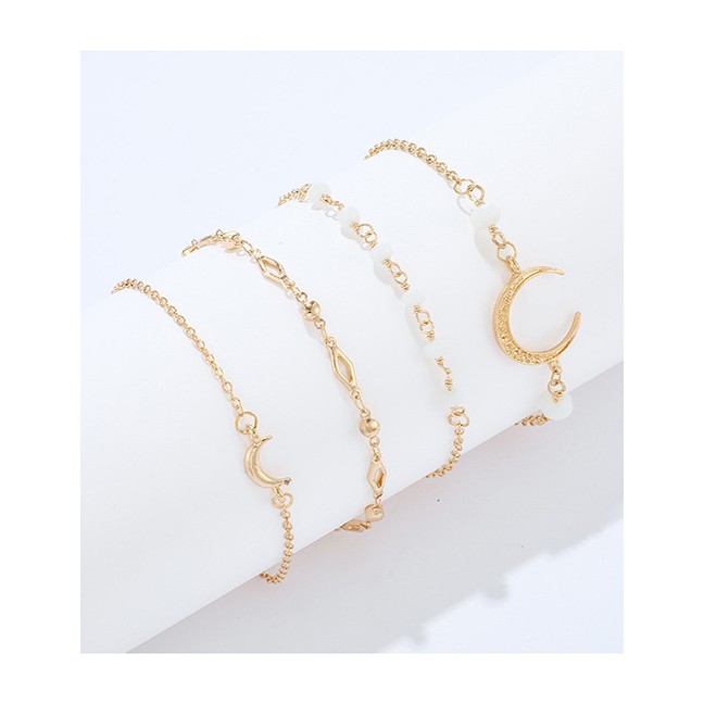 LRC Gelang Tangan Fashion Gold Alloy Chain Rice Beads Horns Crescent 4 Layer Bracelet D09310