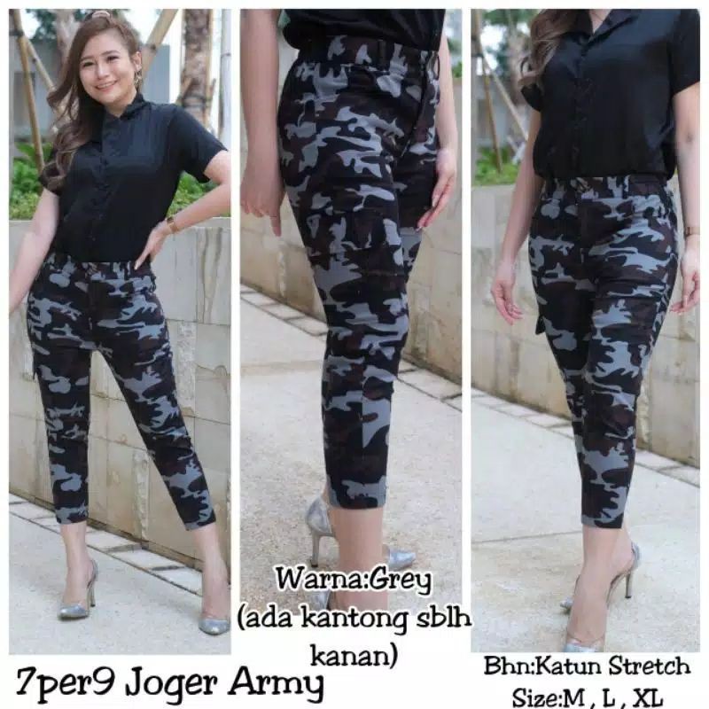 MV.Store168 Celana Wanita 7per9 Jogger Army Loreng/Celana Panjang Import/Katun Stretch
