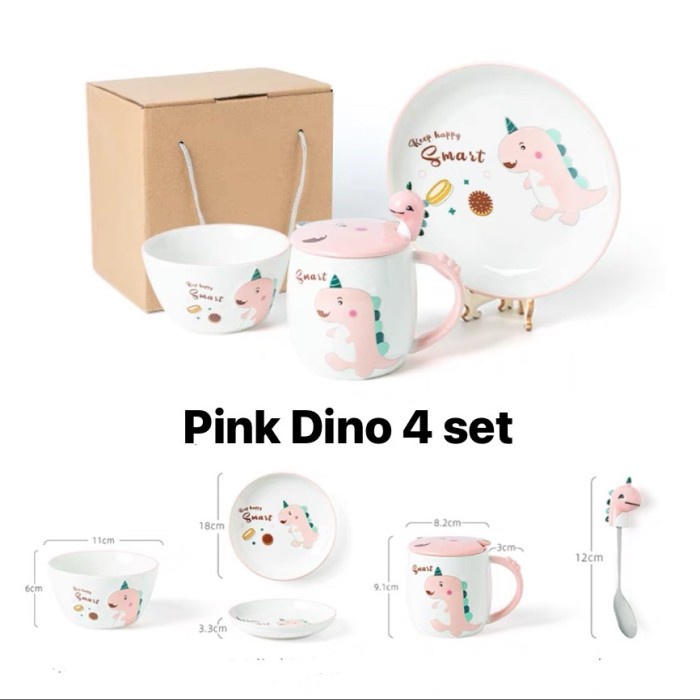 Pink Dino Kid Set 4 / Piring makan anak lucu Ceramic Keramik