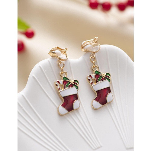 LRC Anting Jepit Fashion Christmas Snowman Bells Elk Gift Box Ear Clips Q33941