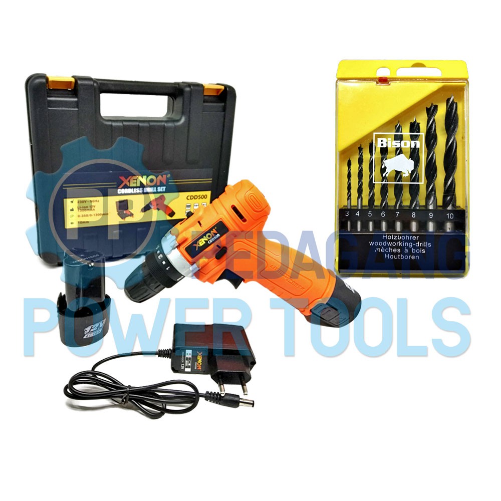 XENON CDD500 BOR CORDLESS 2 BATERAI 12V &amp; MATA BOR KAYU SET 8 PCS