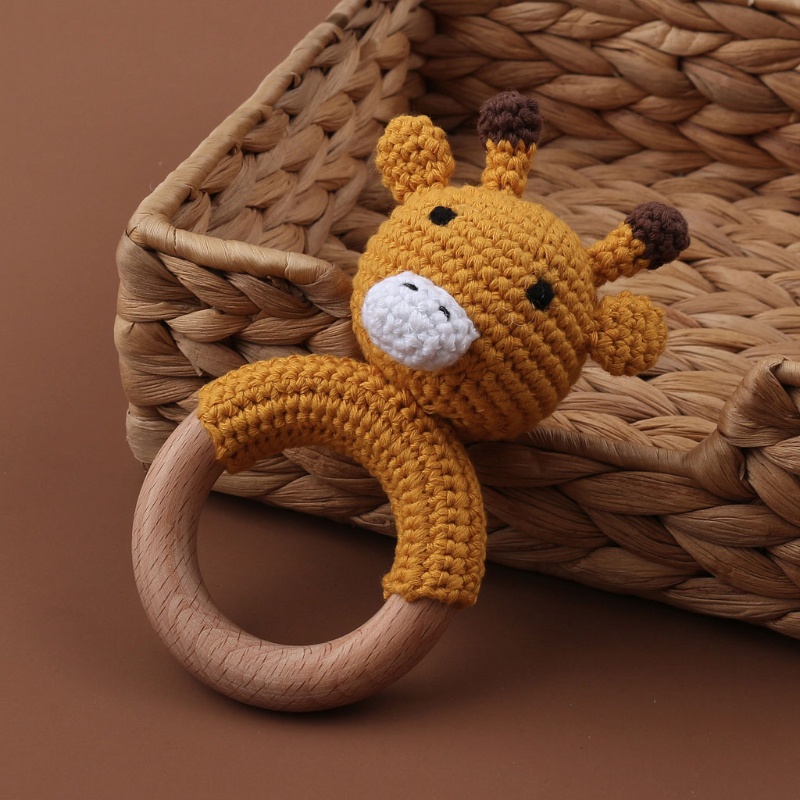 Mary 1PC Mainan Rattle Teether Bayi Bentuk Kartun Hewan Bahan Kayu Crochet DIY