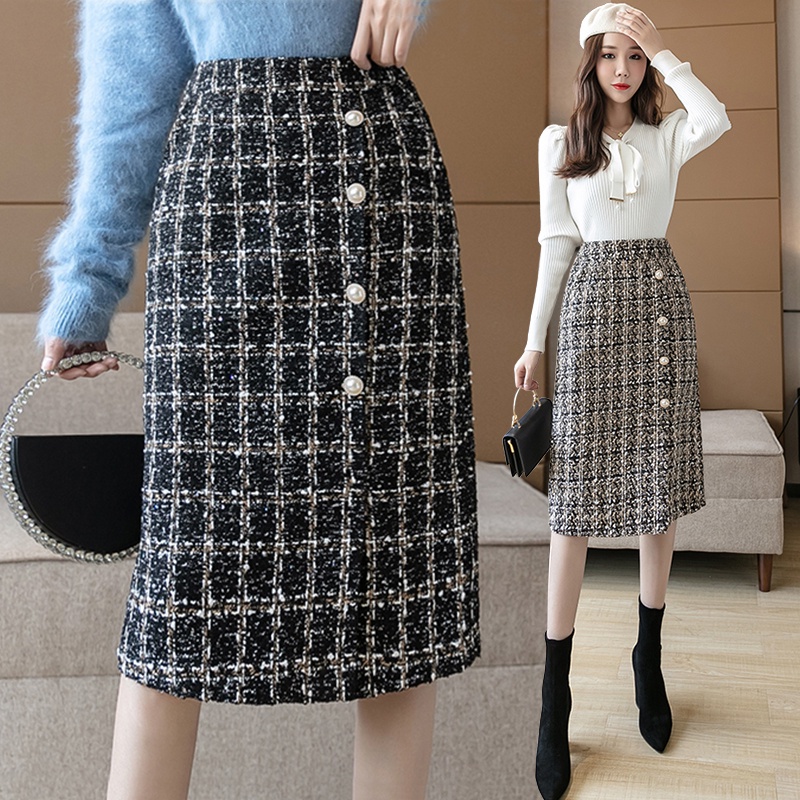 KARAKOREA 9977 Side Pocket Tweed Skirt/Korean Women Skirt/Rok Midi