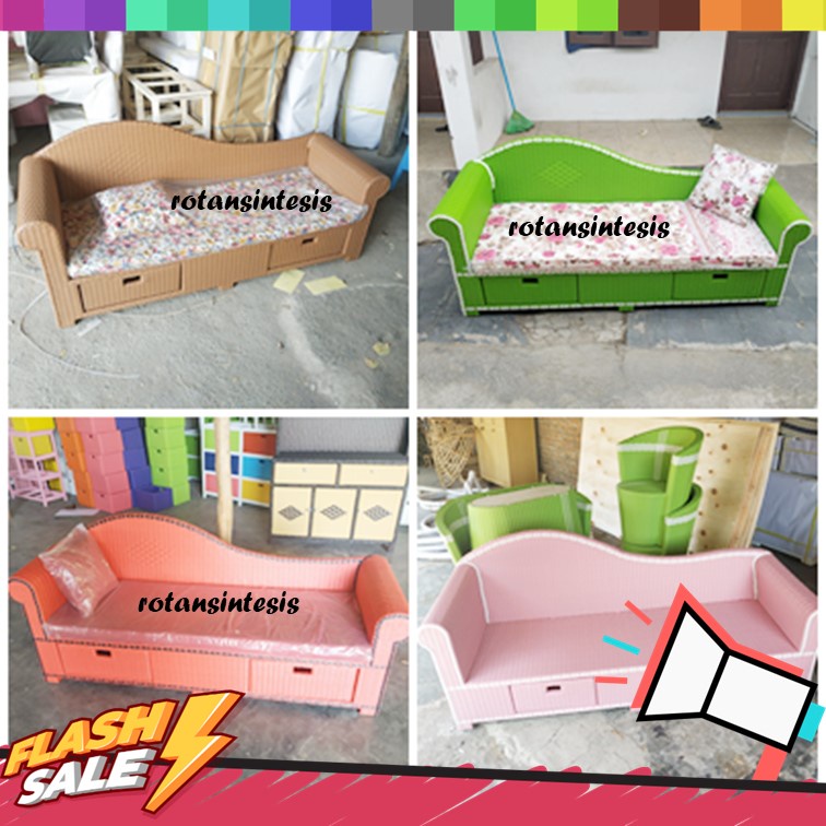 Kursi Sofa Lige Rotan Sintetis Laci Plus Busa Bantal