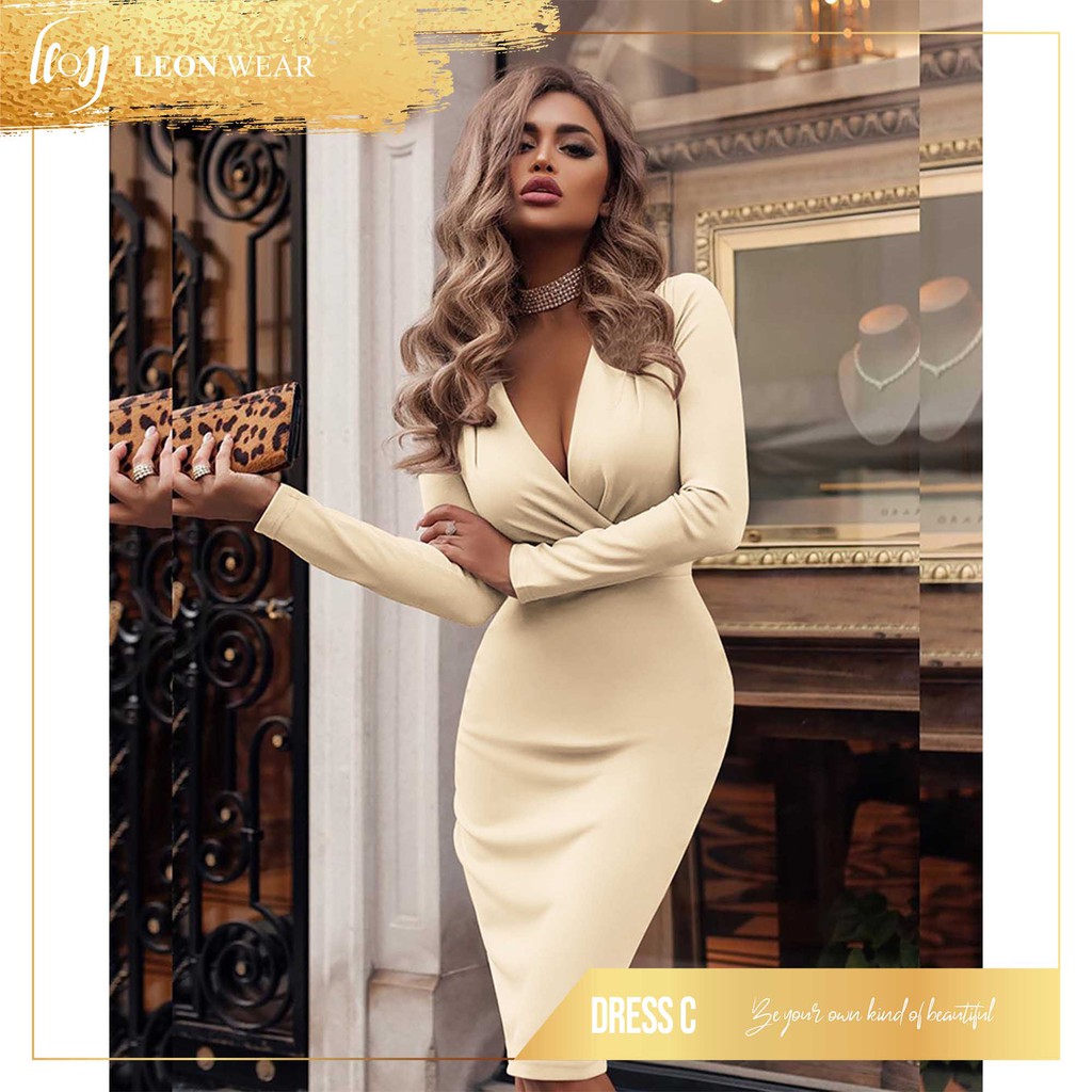 Dress Wanita Midi Formal Sexy Lengan Panjang Fit Body Cotton (Dress C)