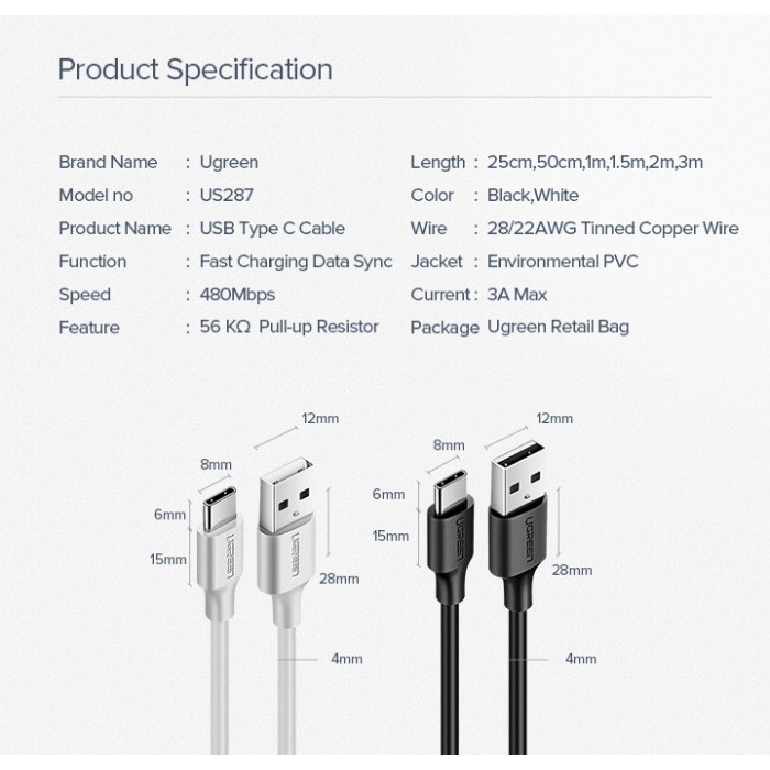 UGREEN Kabel Charger  Cable USB Type A 2.0 to C Fast Charging 3A - US287