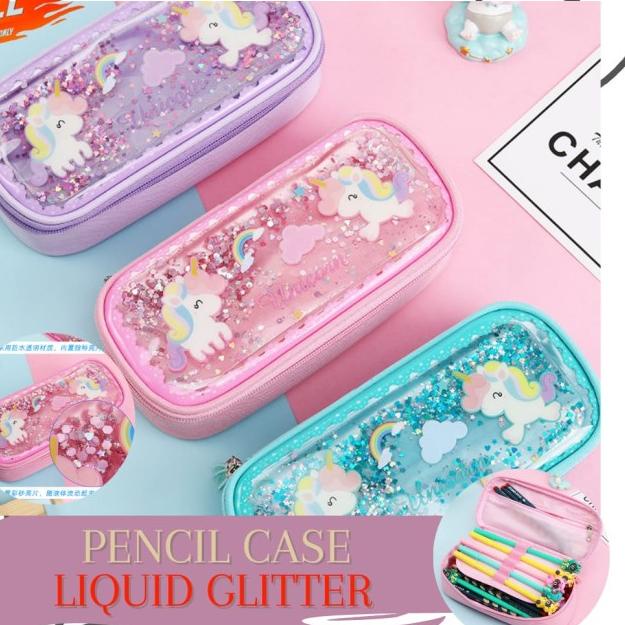 

♡ Kotak Pensil Glitter / Liquid Beads Pencil Case Flamingo Unicorn - Flminggo-Purple ☺