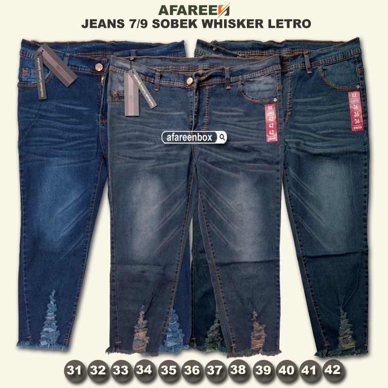 AFAREEN - Celana Jeans 7/9 Sobek Wisker Melar / Celana Jeans 79 Wanita Jumbo / Celana Jeans Wanita Big Size 31-42