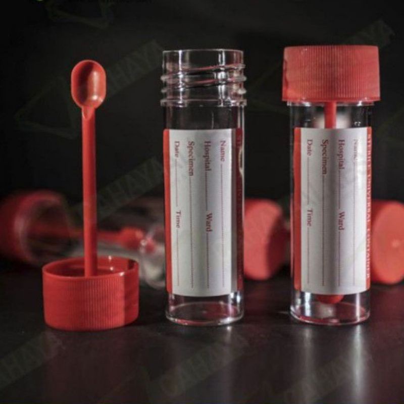 pot feses transparan bersendok 30cc feaces feces pot murah