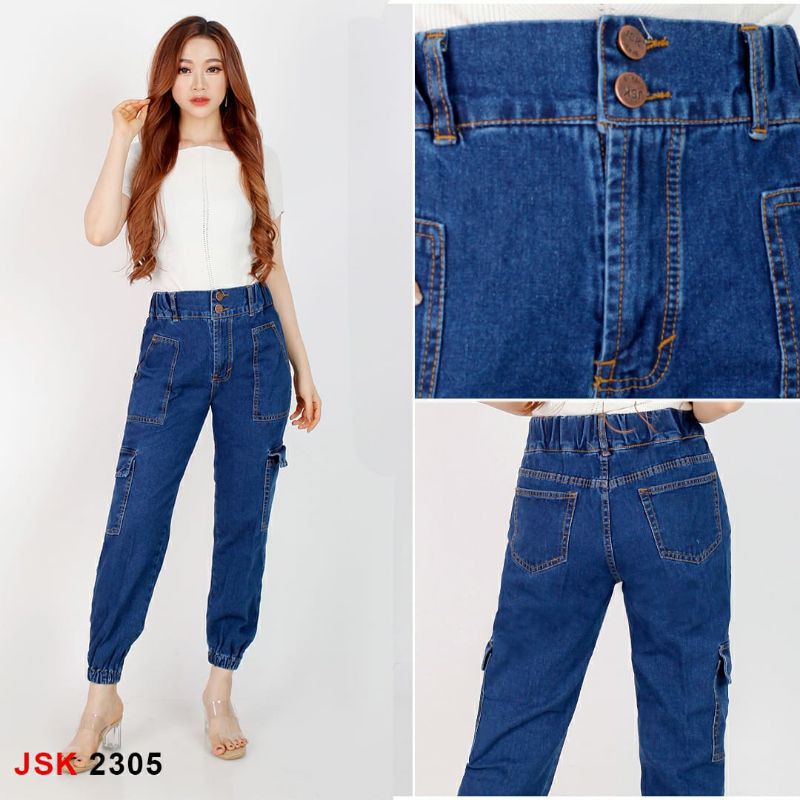 JSK Joger Boyfriend Highwaist Cargo jeans pinggang karet
