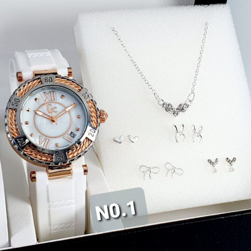 Jam Tangan Analog Wanita GC Plug Keramik Free 1 Kalung 4 Anting-Anting