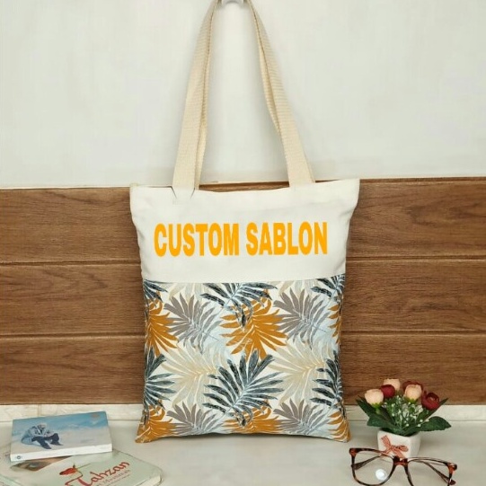 Tas Tote Bag Resleting Kuliah Wanita bahan kanvas Polos dan motif bisa custom sablon untuk seminar
