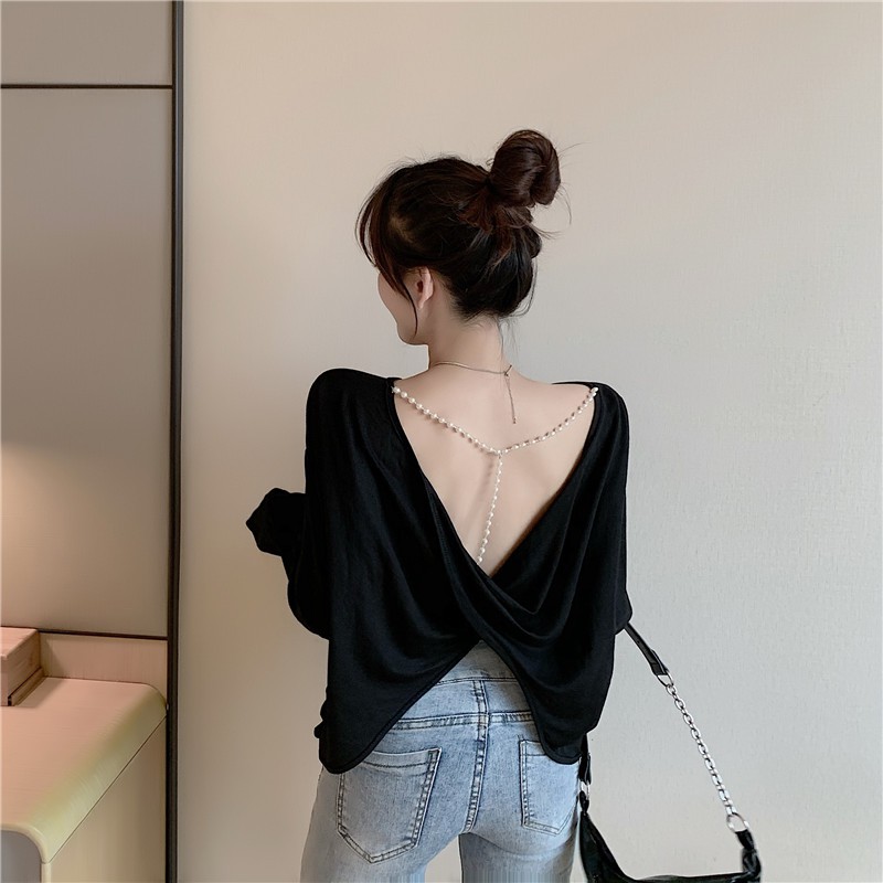 Sexy Backless Licik Desain Tipis Panjang Lengan Pelindung Matahari Top Wanita Longgar Baru PutihTT-s