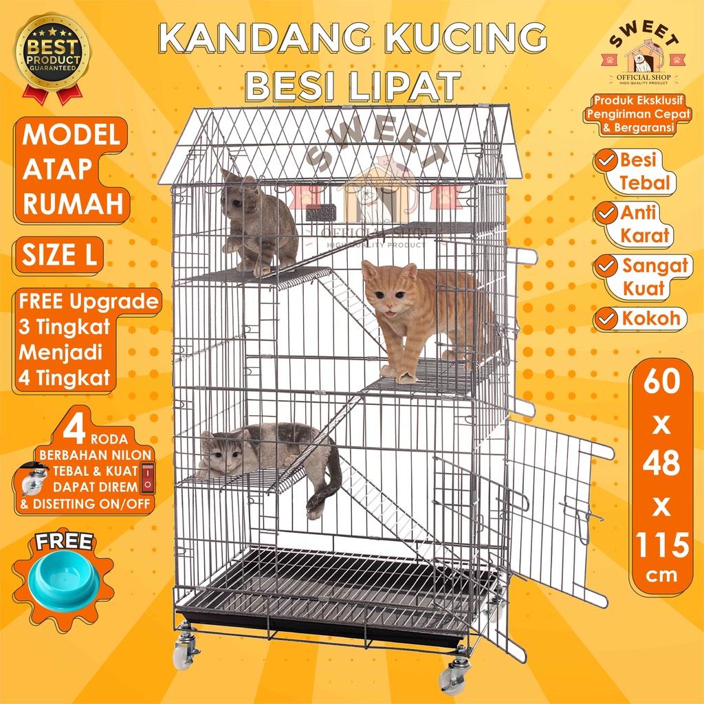 KANDANG KUCING TINGKAT 4 RODA REM SIZE L 60x48x115 -MODEL ATAP RUMAH -SUPER TEBAL IMPORT HIGHQUALITY-6