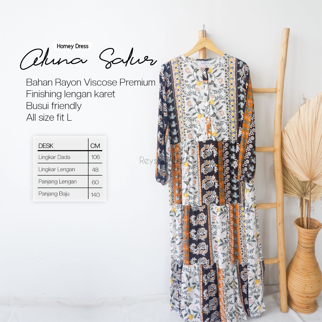 Homey Dress Aluna Salur By Reyscarf.id - Gamis Dewasa Bahan Rayon Viscose Premium Adem Nyaman Dipakai - Bisa COD