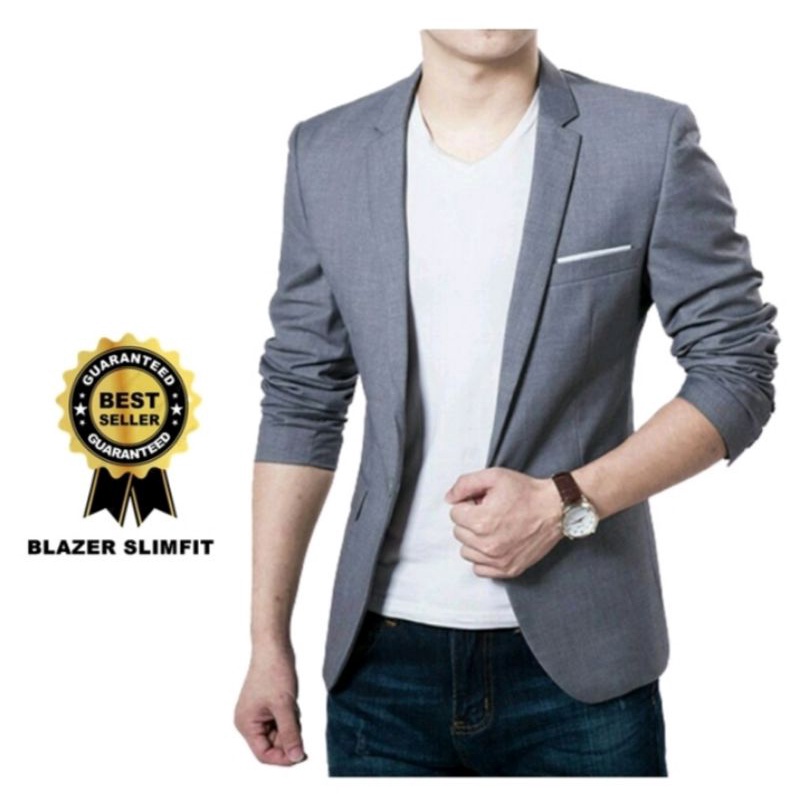 Jas Pria Formal Abu List Putih Kancing 2 Casual Slim - Blezer Pria Formal -Jas Pria - Blezer Pria -J