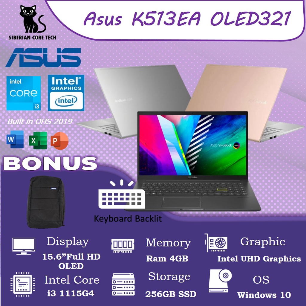 ASUS K513EA OLED i3 1115G4 RAM 12GB 512GB SSD WINDOWS 10+OHS 15.6&quot;Full HD OLED