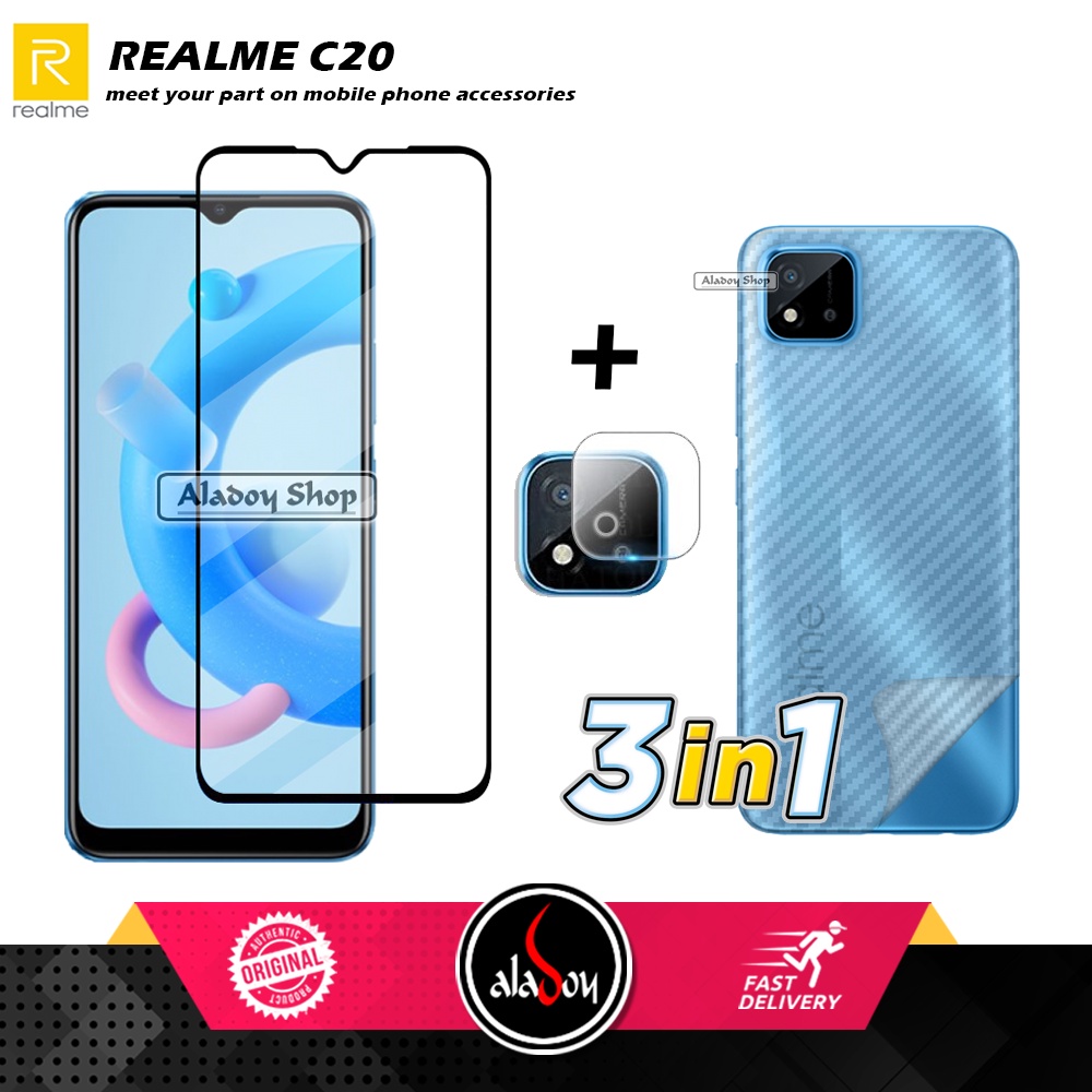 PAKET 3 IN 1 Tempered Layar Glass Realme C20 Free Tempered Glass Camera dan Skin Carbon