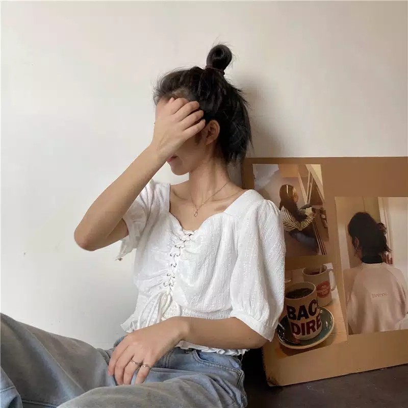 blouse tali sepatu lengan pendek