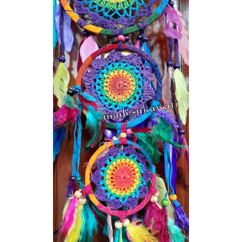 Dream catcher tingkat 3 sulam jaring benang panjang 68cm dekorasi hiasan rumah bulu ayam