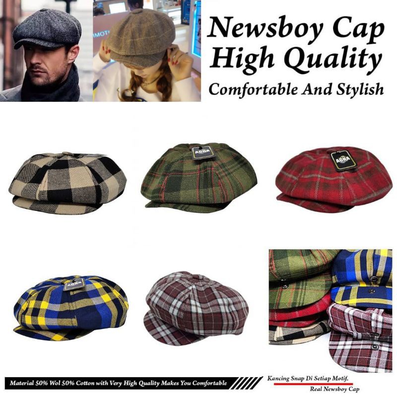 Topi Newsboy Cap Motif Kotak Flanel Topi Retro Klasik Topi Beret Pria